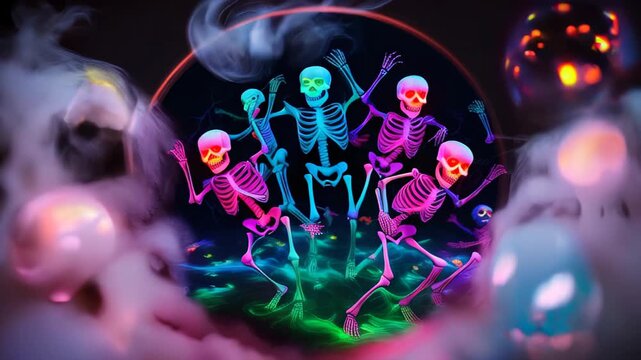 Halloween skeletons party in neon style. Dancing skeletons halloween background with blurred bokeh lights. Copy space template backdrop