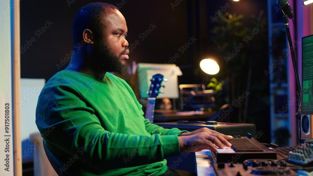 Leinwandbilder skilled music producer creating new songs on midi controller synthesizer, working with mixing consol