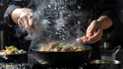Chef preparing a gourmet dish in a professional kitchen with steaming vegetables and perfectly seasoned meat. 