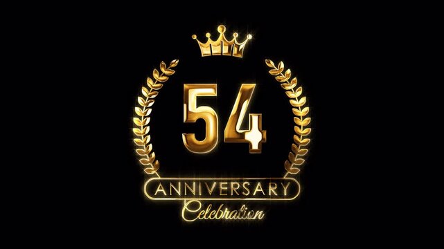54th Anniversary Celebration. Happy 54 Years Anniversary Animation in Gold Color on the Transparent Background, Alpha Channel. Great for greetings, celebrations, events, and gifts.