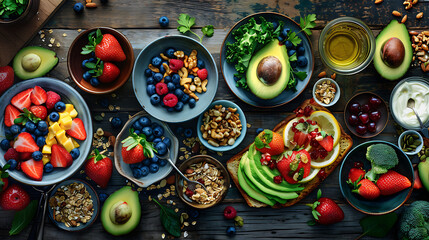 Fototapeta premium healthy food table top view featuring avocado toast, fresh fruits like strawberries and blueberries, bowls of yogurt with granola and nuts, directly above view, all arranged on a rustic wooden table.