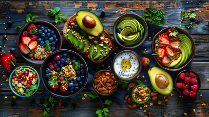 Fototapeta premium healthy food table top view featuring avocado toast, fresh fruits like strawberries and blueberries, bowls of yogurt with granola and nuts, directly above view, all arranged on a rustic wooden table.