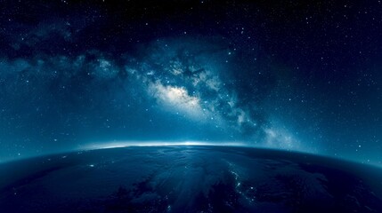Fototapeta premium Stunning view of the Milky Way galaxy over the Earth's horizon. A beautiful starry night sky with cosmic colors. Perfect for sci-fi and space-themed projects. Captivating and serene atmosphere. AI