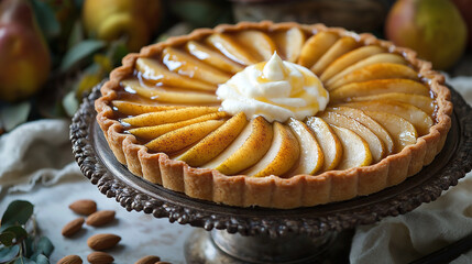 Spiced pear and almond tart with mascarpone cream A beautifully arranged tart featuring thin slices of spiced pears in a fan pattern atop an almond frangipane filling