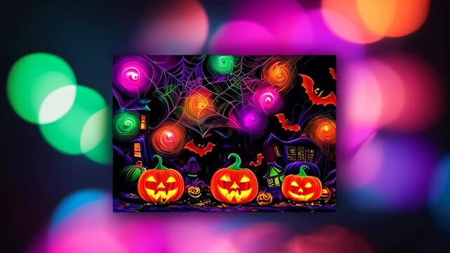 glowing jack-o'-lanterns set against a dark background with haunted house, bats and spider web. pumpkins illuminated in orange and purple hues. Halloween animated background