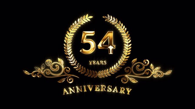 54th Anniversary Celebration. Happy 54 Years Anniversary Animation in Gold Color on the Transparent Background, Alpha Channel. Great for greetings, celebrations, events, and gifts.