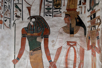 Queen Nefertari And Horus in her tomb at the Valley of queens. Luxor. Egypt.