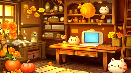 Cozy Autumn Interior with Warm Light and Pumpkins