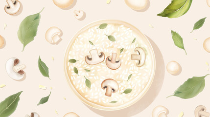 watercolor vector illustration of Mushroom risotto with parmesan, light beige background, top view, flat lay