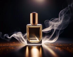 Mock-up of cosmetic product. Glass bottle of perfume with smoke on black background with shiny lights