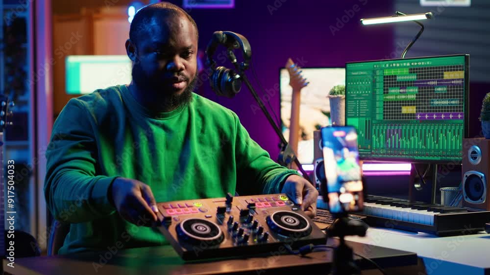 Poster Music producer explaining faders and knobs on mixing console before teaching advanced post production stuff. Musical instructor gives advice about acoustical engineering, online vlog. Camera A.