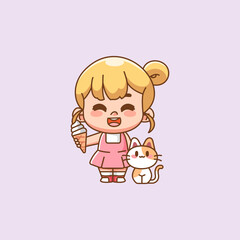 Cute happy little girl kawaii chibi eat ice cream with cat character mascot