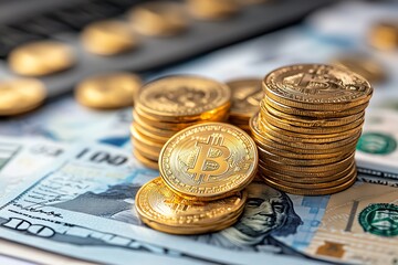 Stacks of Bitcoin coins and US dollar bills on a table, symbolizing cryptocurrency investment and financial growth.