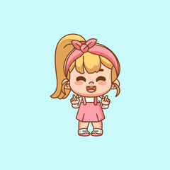 Cute happy little girl peace hand kawaii chibi character mascot illustration outline style