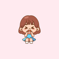 Cute happy little girl shy kawaii chibi character mascot illustration outline style