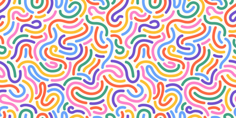 Rainbow cake sprinkle pattern. Memphis style. Funky confetti background. 80s Birthday. Donuts glaze, dessert background. Curved lines. Celebration design. Background for wrapping paper, and fabric.