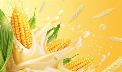 Corn food wallpaper with splash of milk on plain color background of corn food plant Generate AI