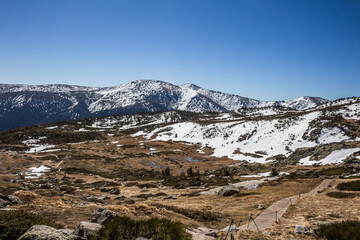 Snowy high mountain landscape in the sierra de guadarrama with wooden footbridge and forest in the background. Concept: Travel, hiking, nature.