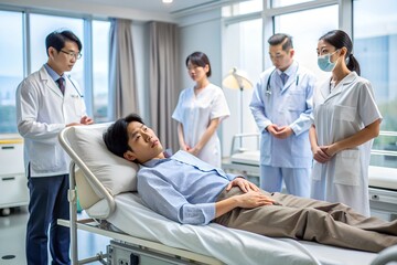 Modern Asian hospital scene with patient in acute discomfort