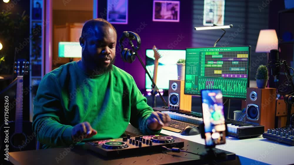 Poster skilled audio engineer teaching online mixing tunes lessons by using smartphone on tripod to record 
