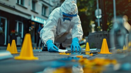 Forensic investigation scene with a scientist in protective clothing examining evidence marked by yellow evidence markers on an urban street. Crime scene analysis and investigation concept. AI
