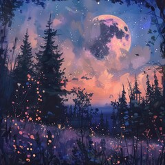 Naklejka premium A full moon illuminates the silhouette of a forest against a sky of soft pinks and blues