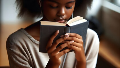close-up of a young black girl student holding a book in her hands, showcasing her passion for literature. She is deeply engaged in her reading, embodying the essence of exam preparation.