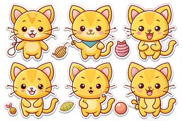 Obraz premium A sticker set of yellow kitten emoticons