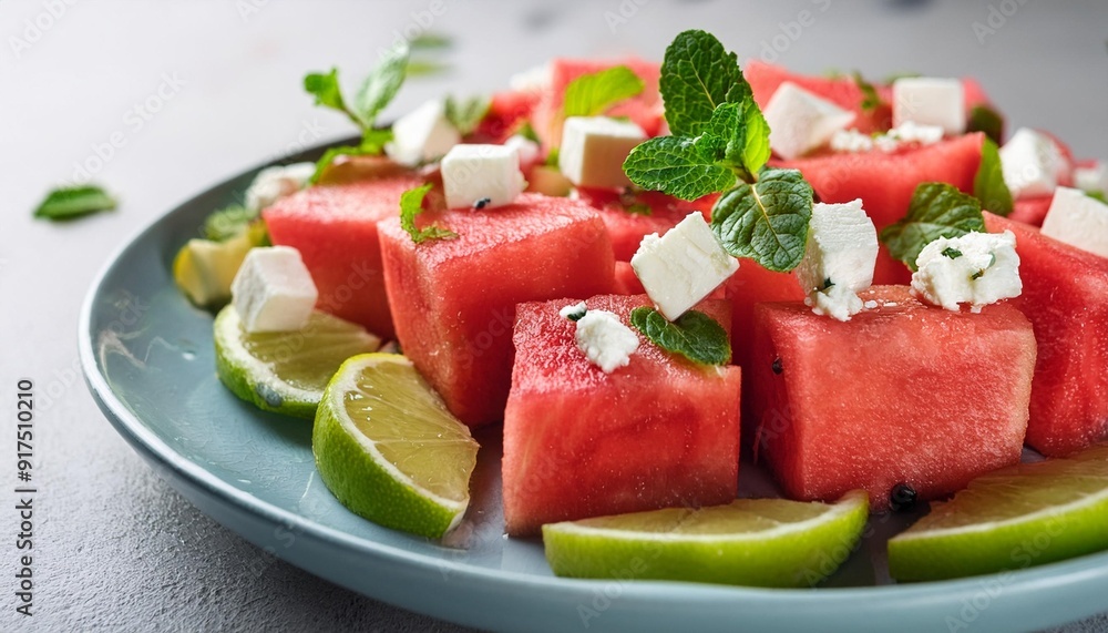 Poster fresh salad with water melon feta cheese lime and mint