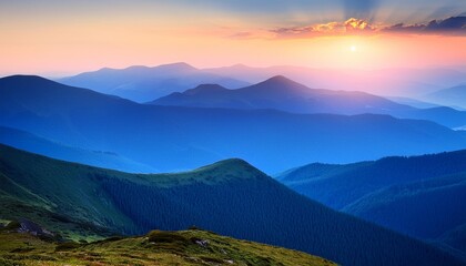 carpathian mountains summer sunset landscape with abstract gradient of mountain peaks in blue colors natural travel outdoor background