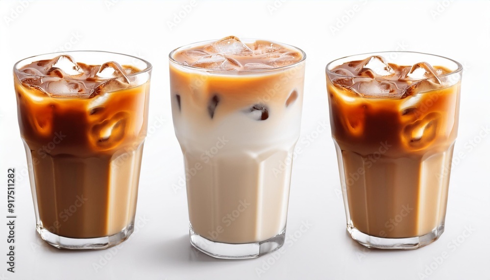 Poster glasses of coffee milk on white background cold beverage tasty iced latte clipping path photo