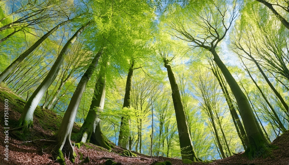 Poster beech trees forest in early spring from below fresh green leaves