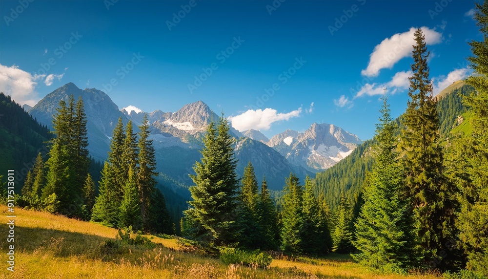 Poster beautiful pine trees on background high mountains