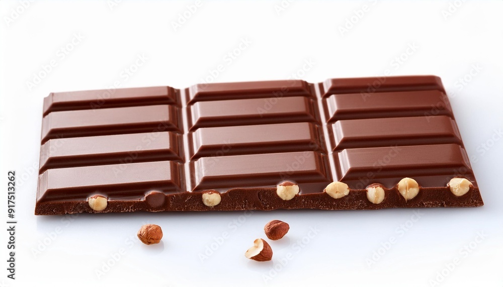 Poster chocolate bar with dark brown chocolate with nuts on a white background