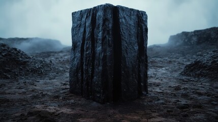 Mysterious dark rock formation in a desolate landscape
