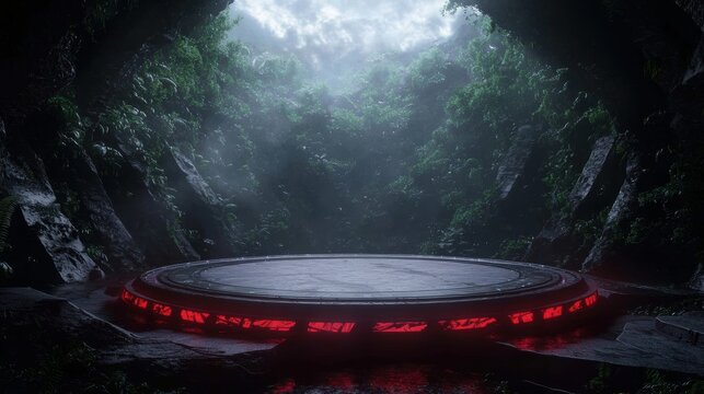 Mysterious alien spacecraft in dark forest
