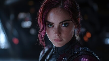 Fototapeta premium Intense gaze of a young woman with vibrant pink hair