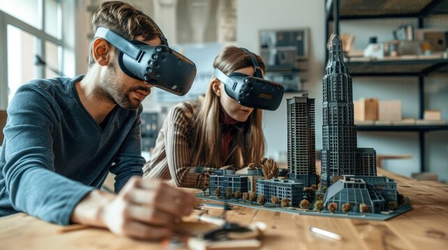 Technology futuristic virtual reality design Team Architect or Engineer designer wearing VR headset for BIM technology working together design 3D model building in office