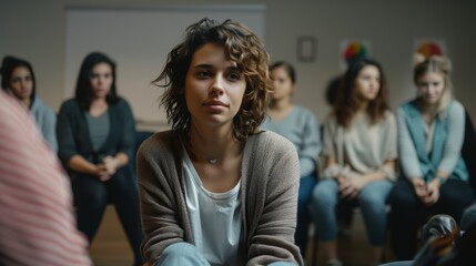 Woman Showing Emotional Distress in Support Group Therapy Session