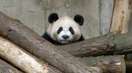 Obraz premium Curious panda bear peeking out from behind a tree