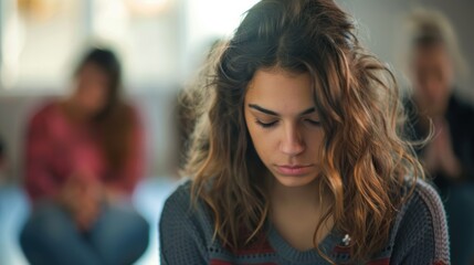 Woman Showing Emotional Distress in Support Group Therapy Session