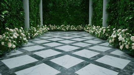 Elegant marble patio surrounded by lush greenery and white roses