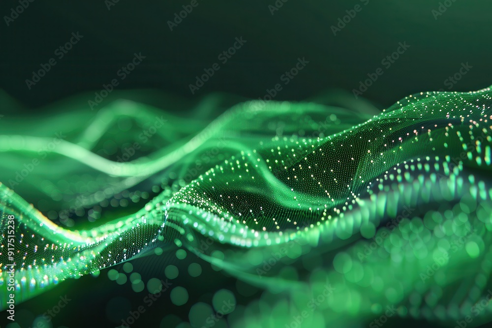 Fototapete green abstract background featuring dynamic wave patterns and flowing particles, created through ai 