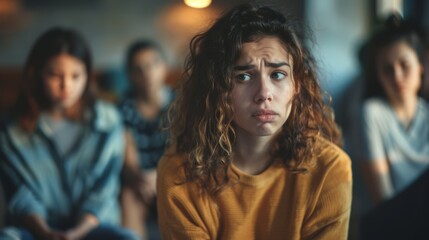 Fototapeta premium Woman Showing Emotional Distress in Support Group Therapy Session