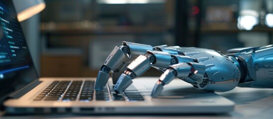 Obraz premium Robot Hand Typing on a Laptop