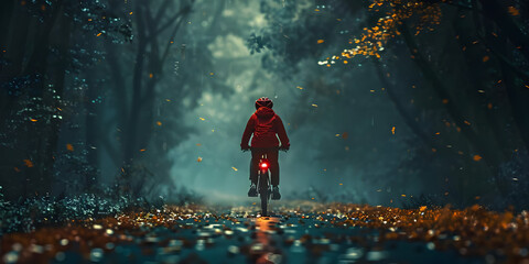 Fototapeta premium Cycling Through Autumn Leaves in a Misty Forest, Copy Space