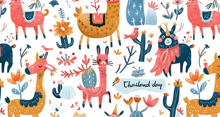 Fototapeta premium Colorful boho pattern with various cartoon llamas, cacti and flowers seamless, bright colors, clip art stickers, isolated, vector illustration