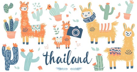 Colorful boho pattern with various cartoon llamas, cacti and flowers seamless, bright colors, clip art stickers, isolated, vector illustration