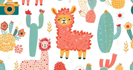 Colorful boho pattern with various cartoon llamas, cacti and flowers seamless, bright colors, clip art stickers, isolated, vector illustration