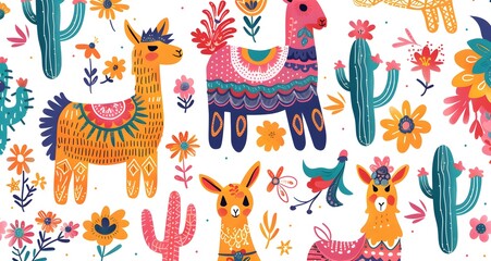 Obraz premium Colorful boho pattern with various cartoon llamas, cacti and flowers seamless, bright colors, clip art stickers, isolated, vector illustration